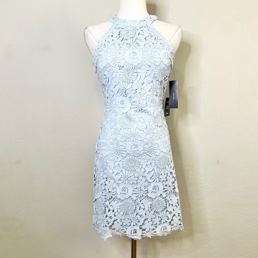 Lulus Lace Dress Love Poem Size S Light Blue Guipure Floral Halter Mini New NWT